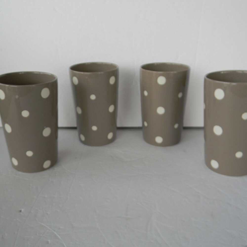 NEW Temp-Tations Polka Dot Set/ 4 16oz CERAMIC Carafe CupS TUMBLERS TAUPE/WHITE